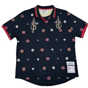 Reason Brand Men XL‎ Polo Shirt Black Embroidered Dagger Snake Goth Grunge Y2K